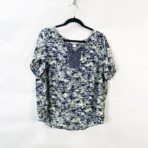 2/$30 CJ Banks 1X Plus Womens Blue Mint Green Watercolor Abstract Popover Blouse - Picture 1 of 9